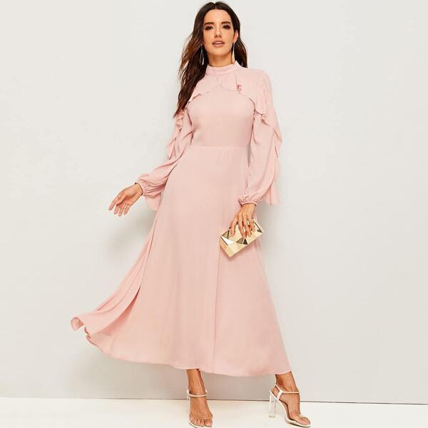 

Flounce Trim Lantern Sleeve Fit & Flare Dress, Pink pastel