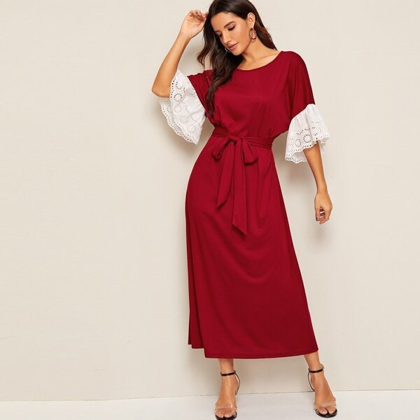 

Contrast Schiffy Bell Sleeve Belted Dress, Burgundy