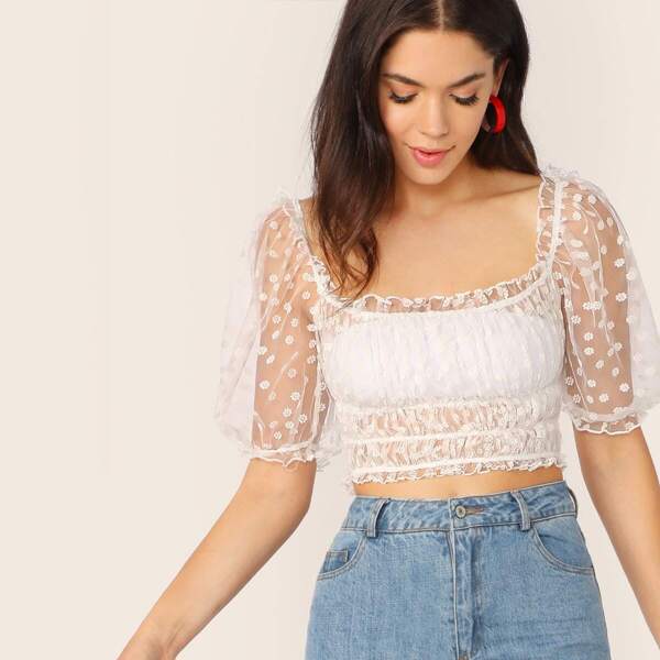 

Puff Sleeve Shirred Flocked Mesh Top Without Bandeau