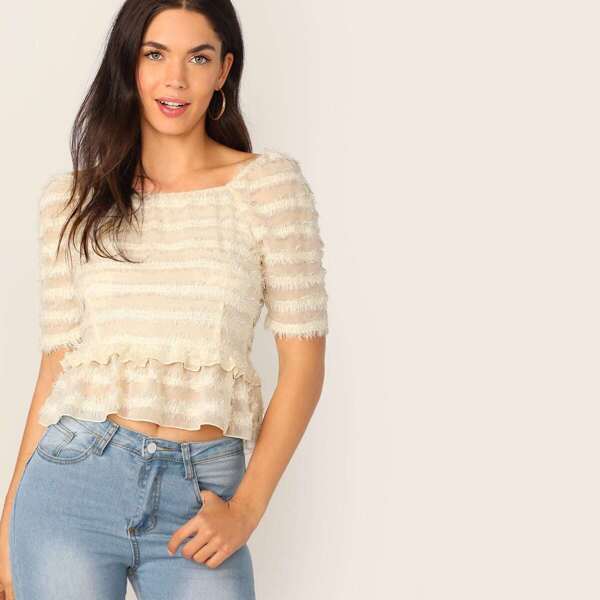 

Fringe Trim Ruffle Hem Top, Beige