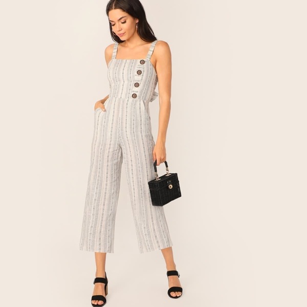 

Button Front Tie Back Slant Pocket Jumpsuit, Beige