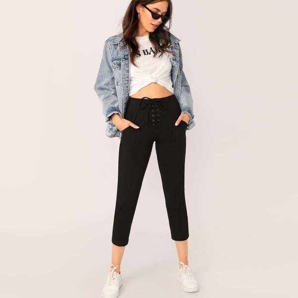 

Lace-up Fly Slant Pocket Solid Pants, Black