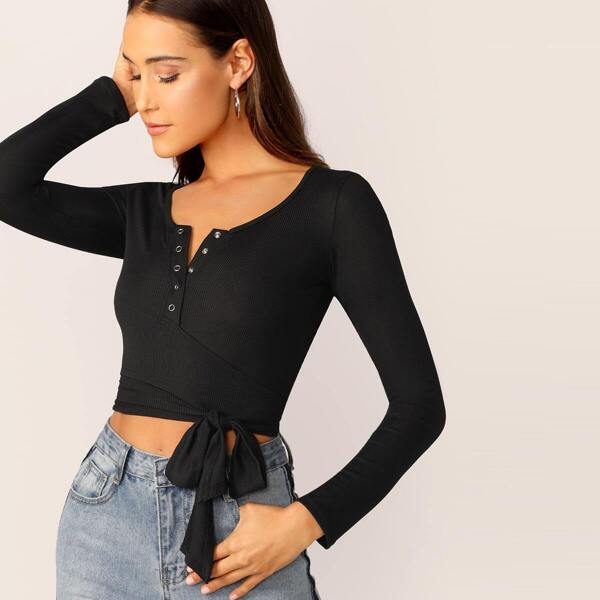 

Button Front Cross Wrap Ribbed Tee