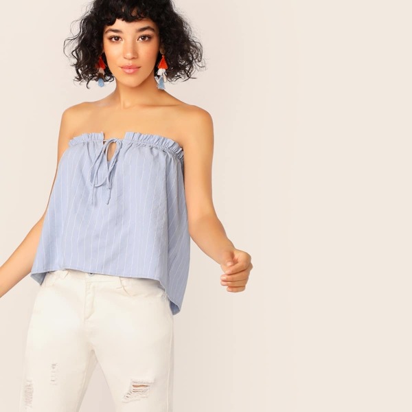 

Tie Neck Frill Trim Striped Bandeau Top
