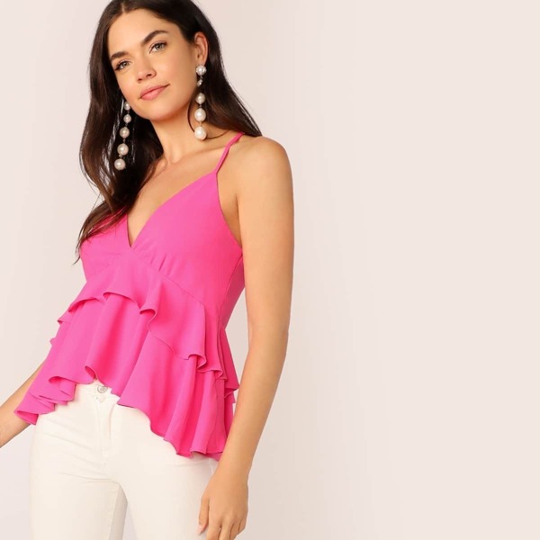 

Neon Pink High Low Peplum Cami Top, Pink bright