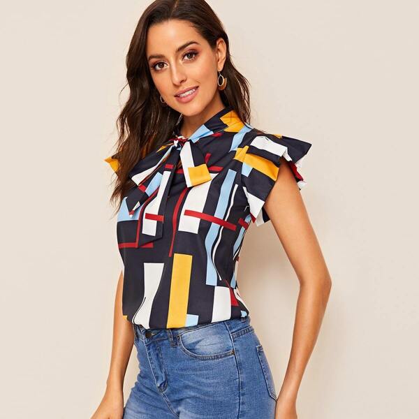 

Tie Neck Colorful Rectangle Print Blouse, Multicolor