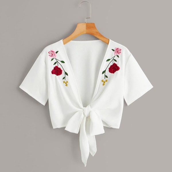 

Floral Embroidery Knot Plunging Neck Blouse