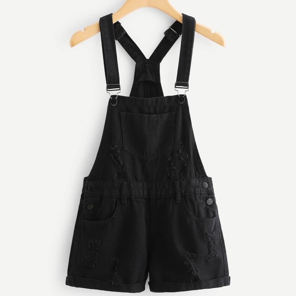 

Plus Ripped Pocket Denim Overalls, Black