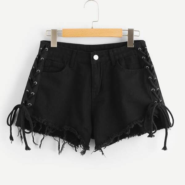 

Plus Lace Up Raw Hem Denim Shorts