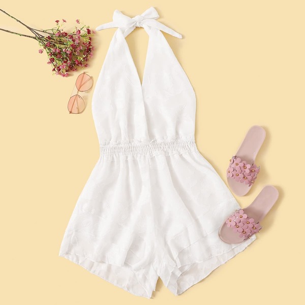 

Tiered Layer Shirred Halter Romper, White