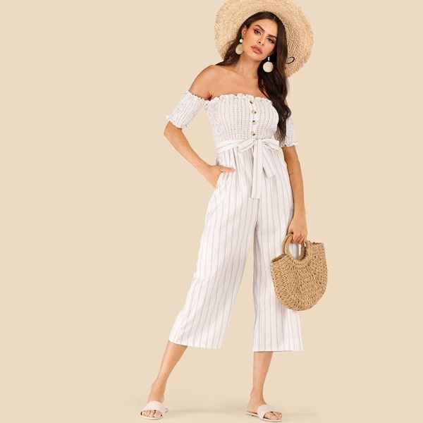

Striped Shirred Frill Trim Belted Jumpsuit