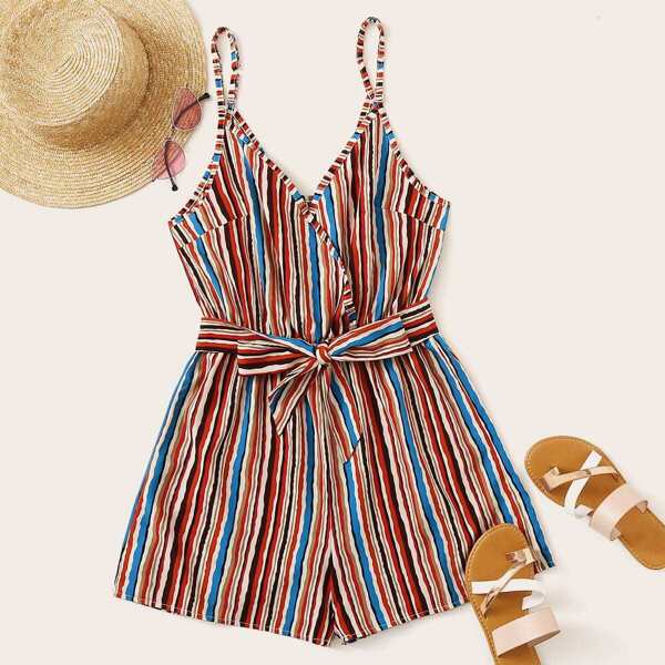 

Colorful Striped Belted Surplice Cami Romper