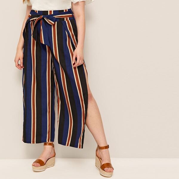 

Plus Wide Leg Split Striped Pants, Multicolor
