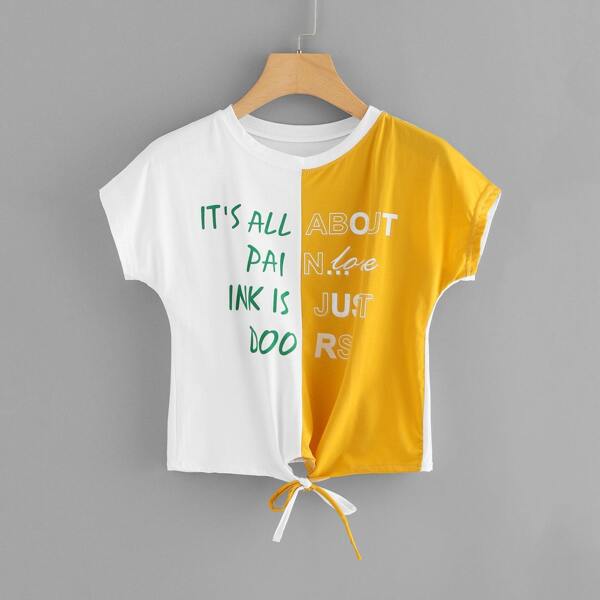 

Plus Letter Print Two Tone Knot Hem Tee