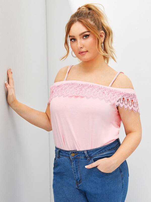 Plus Cold Shoulder Contrast Lace Tee, Pink, Nora
