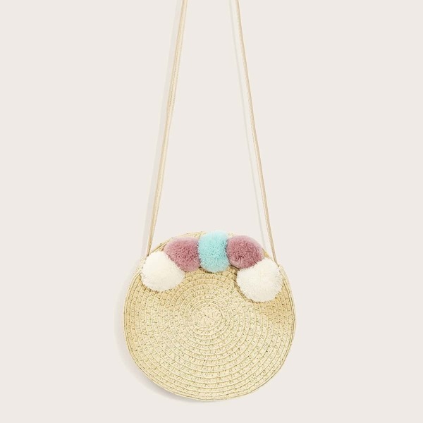 

Pom-pom Decor Round Straw Crossbode Bag