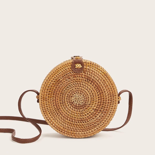 

Round Shaped Woven Crossbody Bag, Khaki