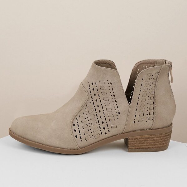 

Almond Toe Stacked Low Heel Perforated Ankle Boots, Beige