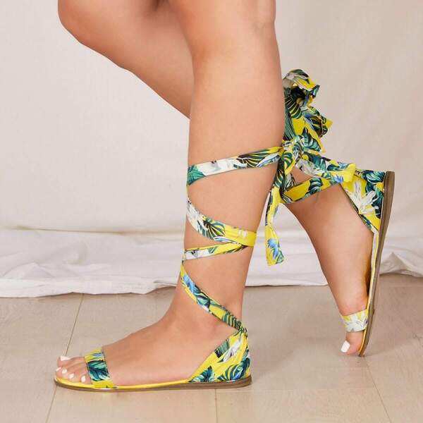 

Tropical Leaf Print Ankle Wrap Flat Sandals
