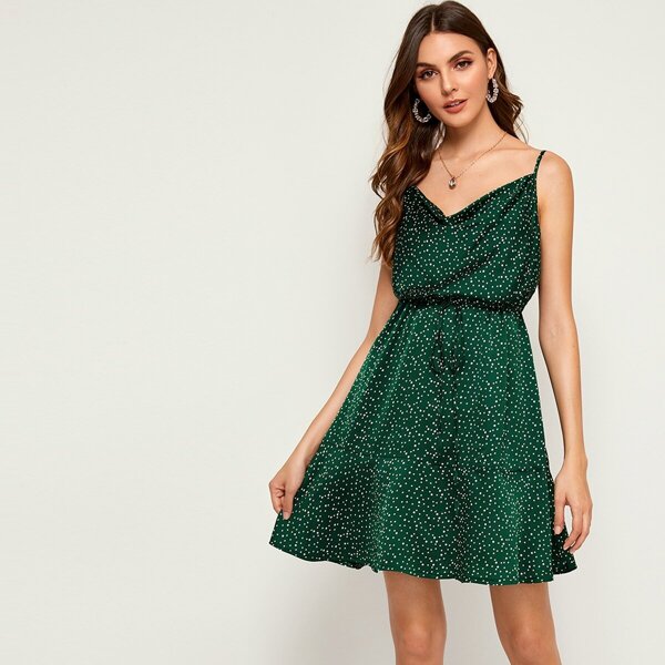 

Polka Dot Print Ruffle Hem Cami Dress