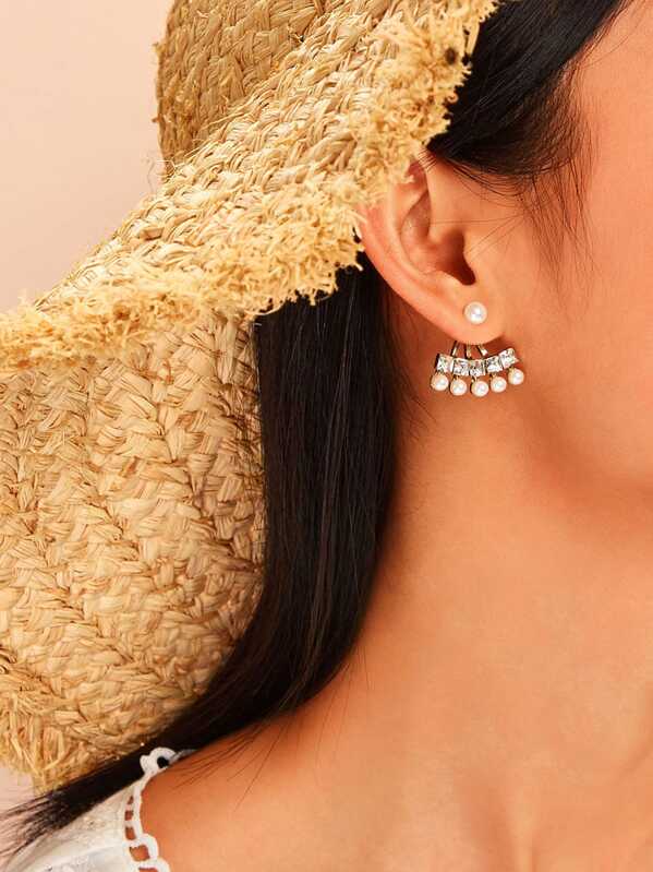 

Rhinestone Detail Faux Pearl Decor Ear Jacket 1pair, Gold