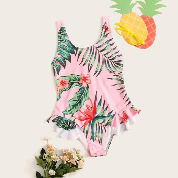 

Girls Random Tropical Ruffle Hem One Piece Swim, Multicolor
