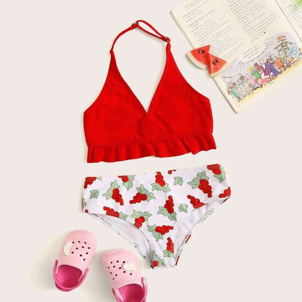 

Girls Ruffle Hem Top With Random Fruit Print Bikini