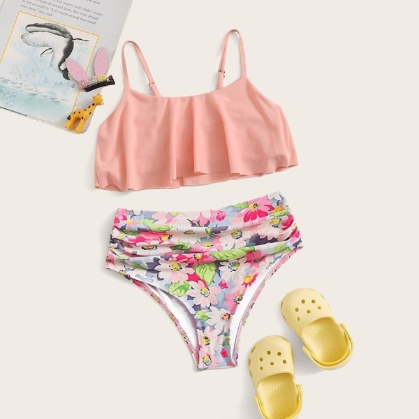 

Girls Flounce Top With Random Floral Bikini Set, Multicolor