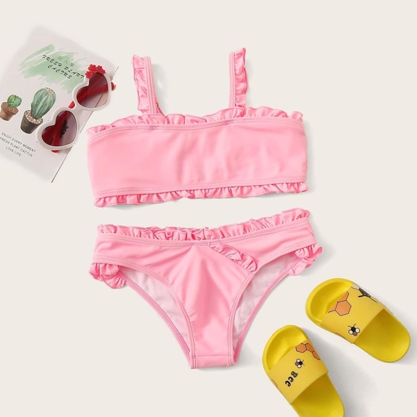

Girls Frill Trim Square Neck Bikini Set, Pink pastel