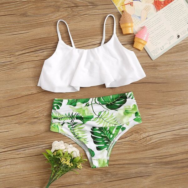 

Girls Flounce Top With Ruched Panty Bikini Set, Multicolor