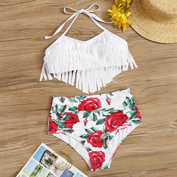 

Fringe Halter Top With Random Floral Bikini Set