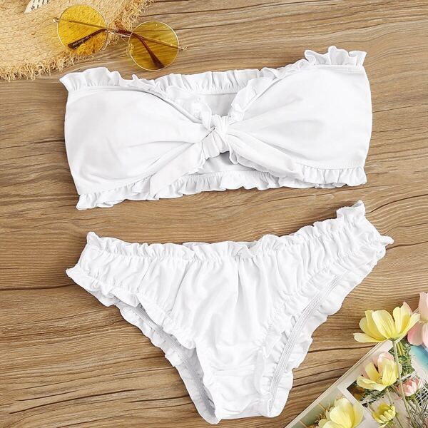

Frill Trim Tie Front Bandeau Bikini Set, White