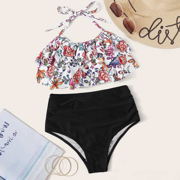 

Floral Layered Ruffle Top With Ruched Bikini Set