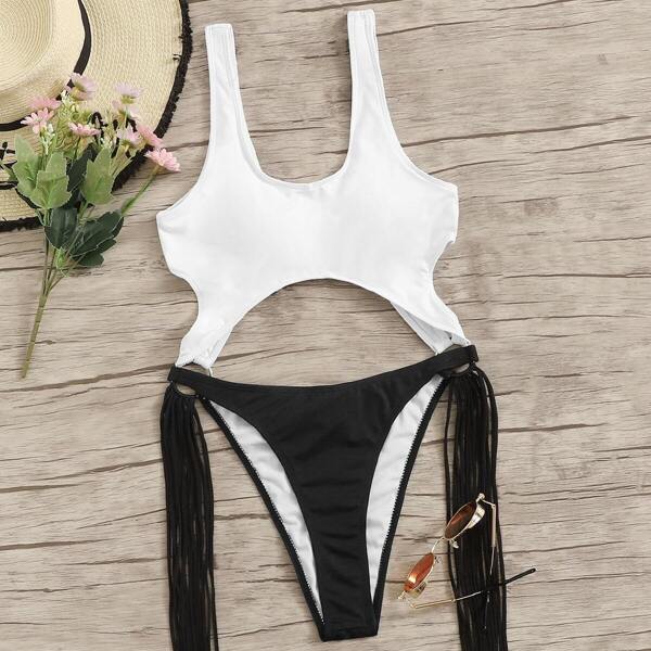 

Two Tone Cut-Out Ring Linked Fringe Monokini