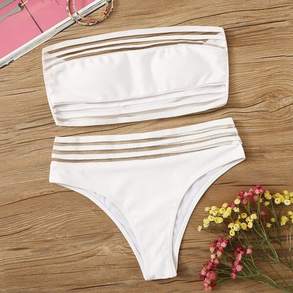 

Mesh Panel Bandeau Bikini Set, White