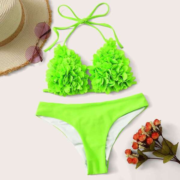 

Neon Green Flower Applique Triangle Bikini Set