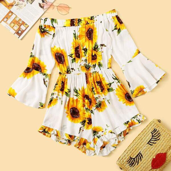 

Sun Flower Print Ruffle Hem Bardot Romper