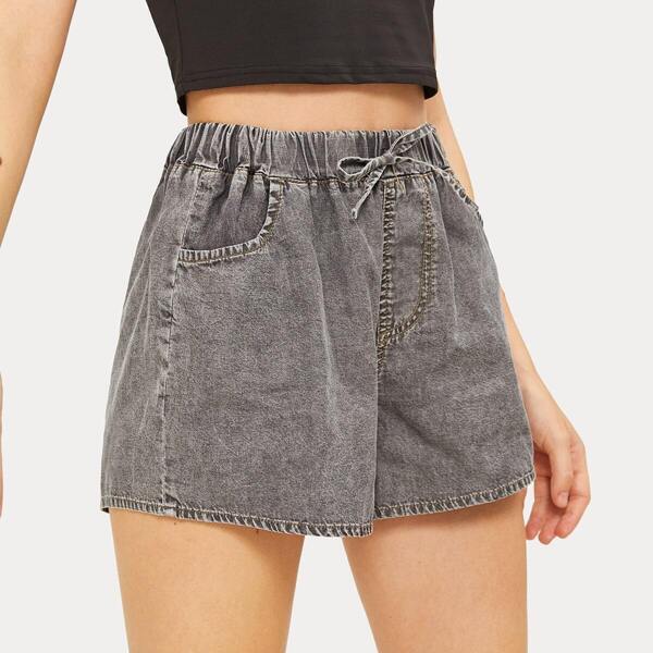 

Knot Front Solid Denim Shorts