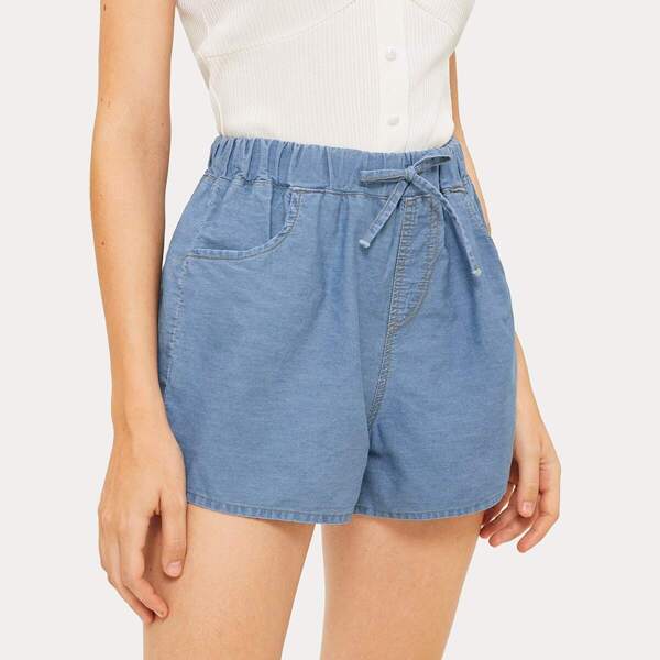 

Knot Front Solid Denim Shorts