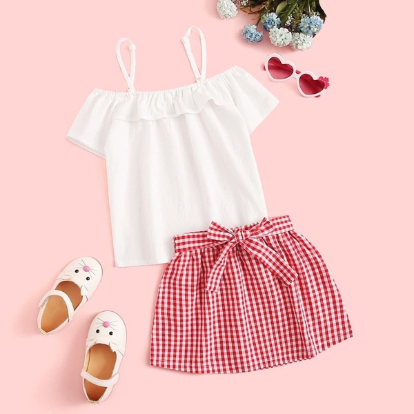 

Toddler Girls Ruffle Trim Top & Gingham Belted Skirt Set, Multicolor
