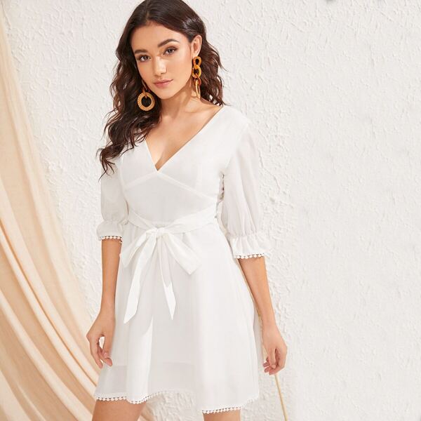 

Criss-cross Back Lace Trim Solid Dress, White