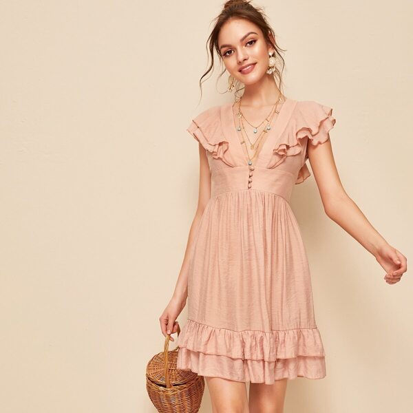 

Tie Back Layered Ruffle Trim Plunge Neck Dress, Pink