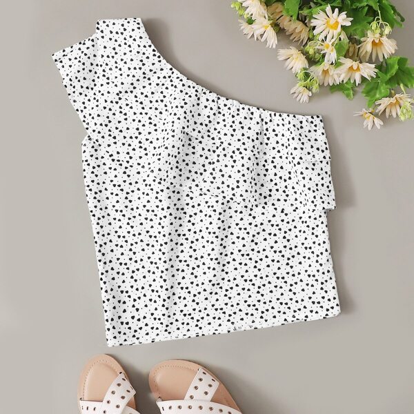 

Confetti Heart Print Layer Ruffle Trim One Shoulder Blouse