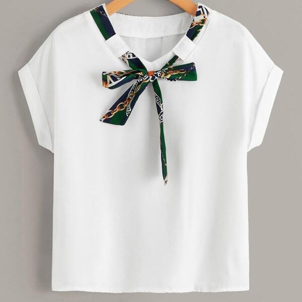 

Plus Tie Neck Rolled Cuff Blouse, White