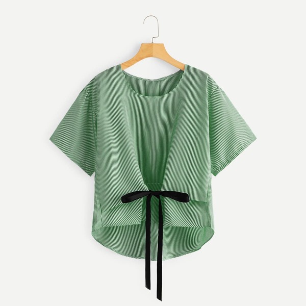 

Striped Bow Tie Dip Hem Blouse
