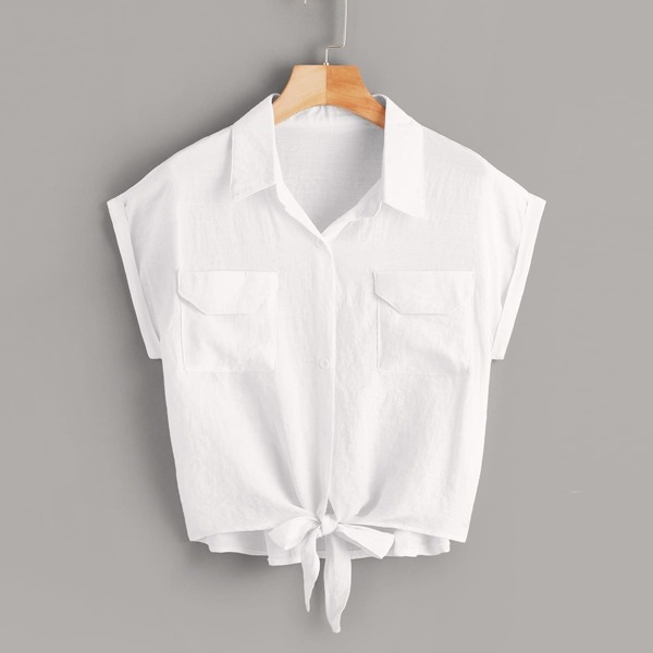 

Rolled Cuff Knot Hem Blouse, White