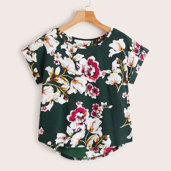 

Large Floral Print Rolled Cuff Dip Hem Blouse