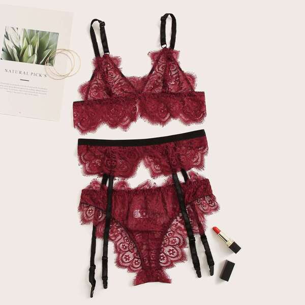 

Floral Lace Garter Lingerie Set