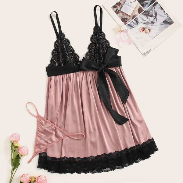 

Floral Lace Satin Slips With Thong, Multicolor