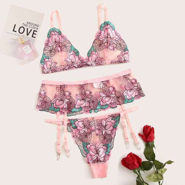 

Floral Embroidered Garter Lingerie Set